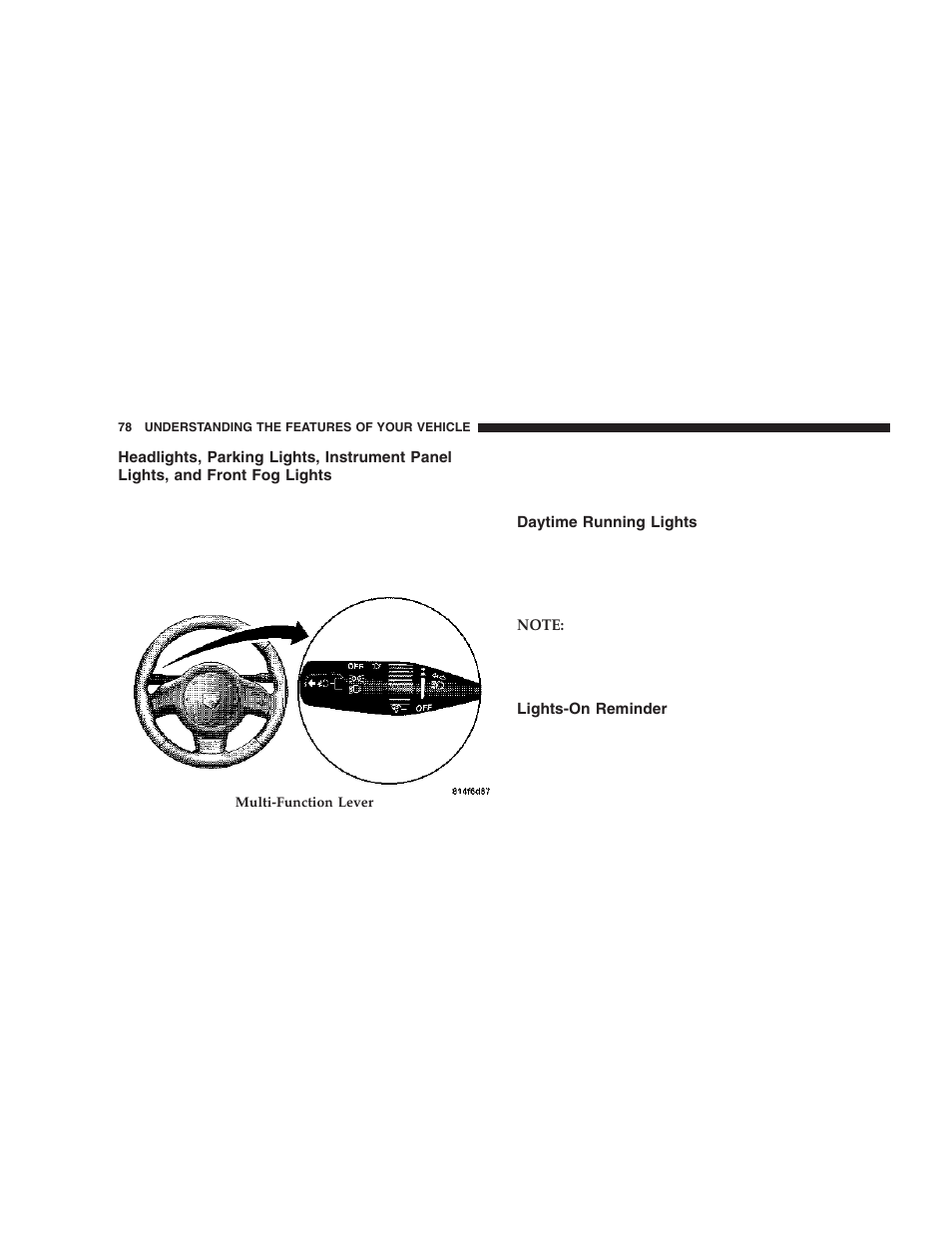 Headlights, parking lights, instrument panel, Lights, and front fog lights, Daytime running lights | Lights-on reminder | Dodge 2006 ZB Viper User Manual | Page 78 / 264