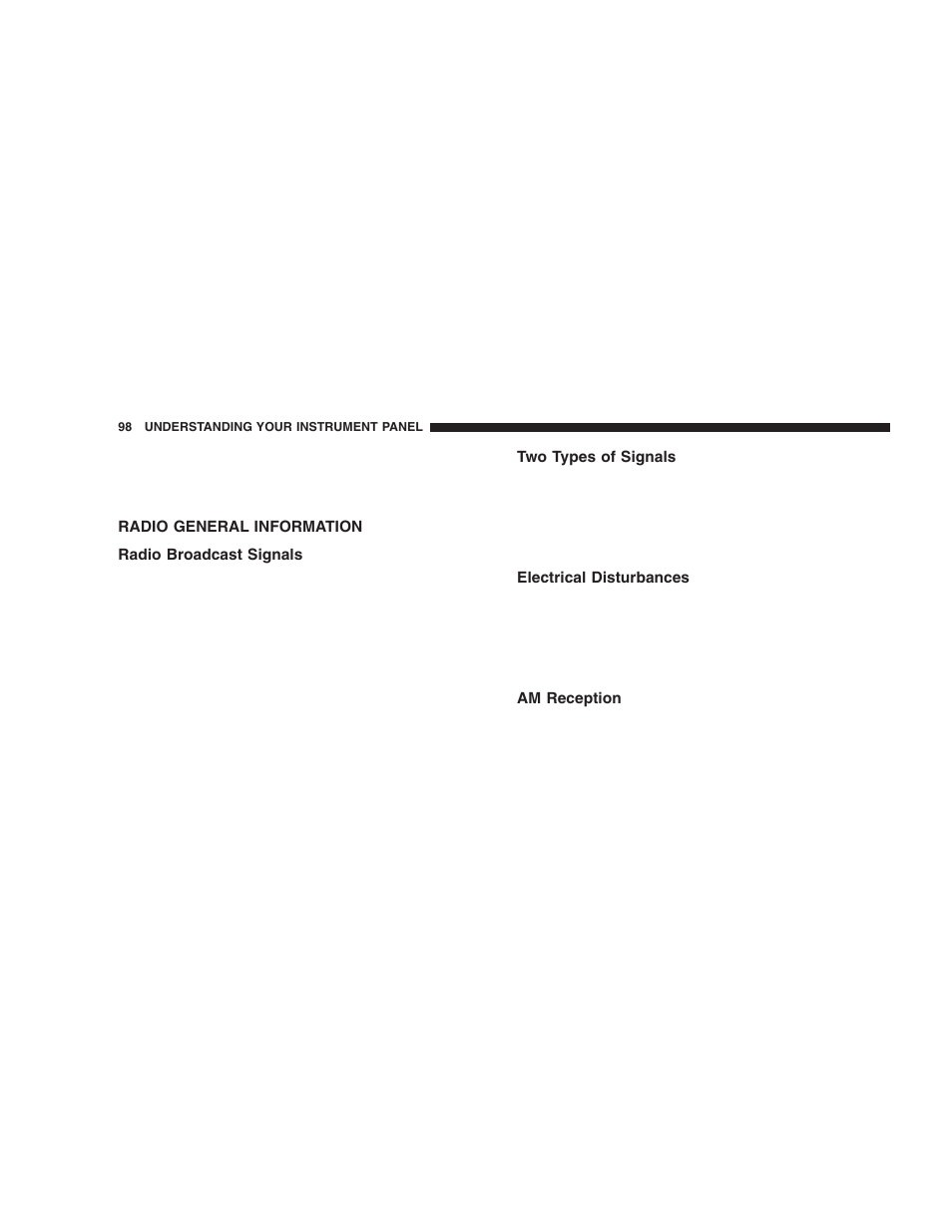 Radio general information, Radio broadcast signals, Two types of signals | Electrical disturbances, Am reception | Dodge 2006 ZB Viper User Manual | Page 98 / 264