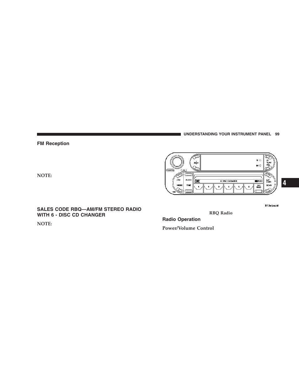 Fm reception, Sales code rbq—am/fm stereo radio with 6, Disc cd changer | Radio operation | Dodge 2006 ZB Viper User Manual | Page 99 / 264