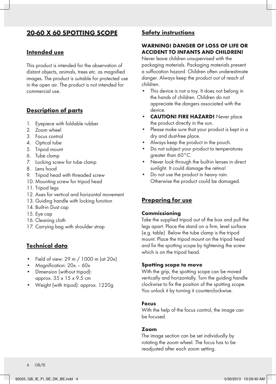 60 x 60 spotting scope | Auriol Z31261 User Manual | Page 4 / 15