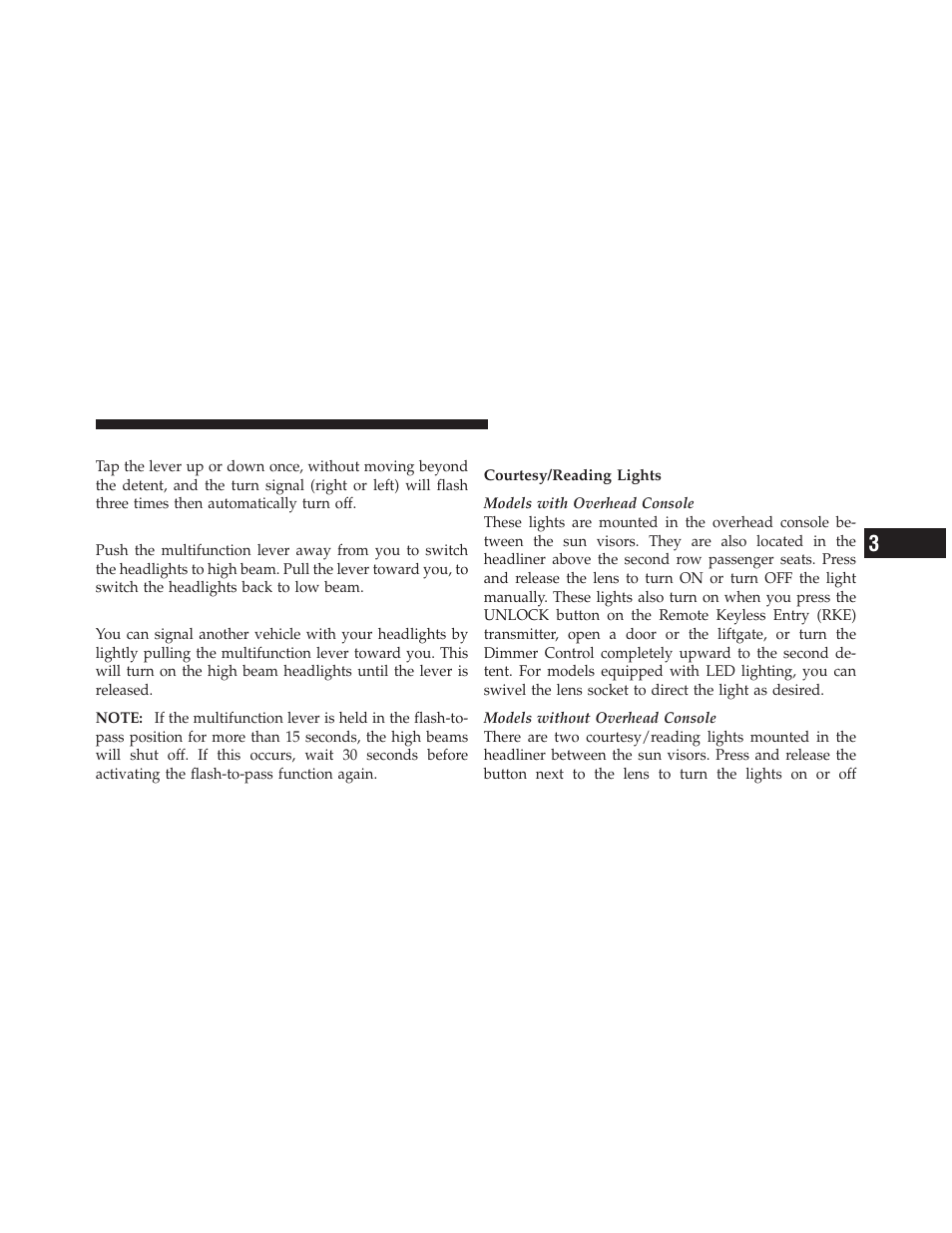 Lane change assist, High/low beam switch, Flash-to-pass | Interior lights | Dodge JOURNEY 2010 User Manual | Page 126 / 512