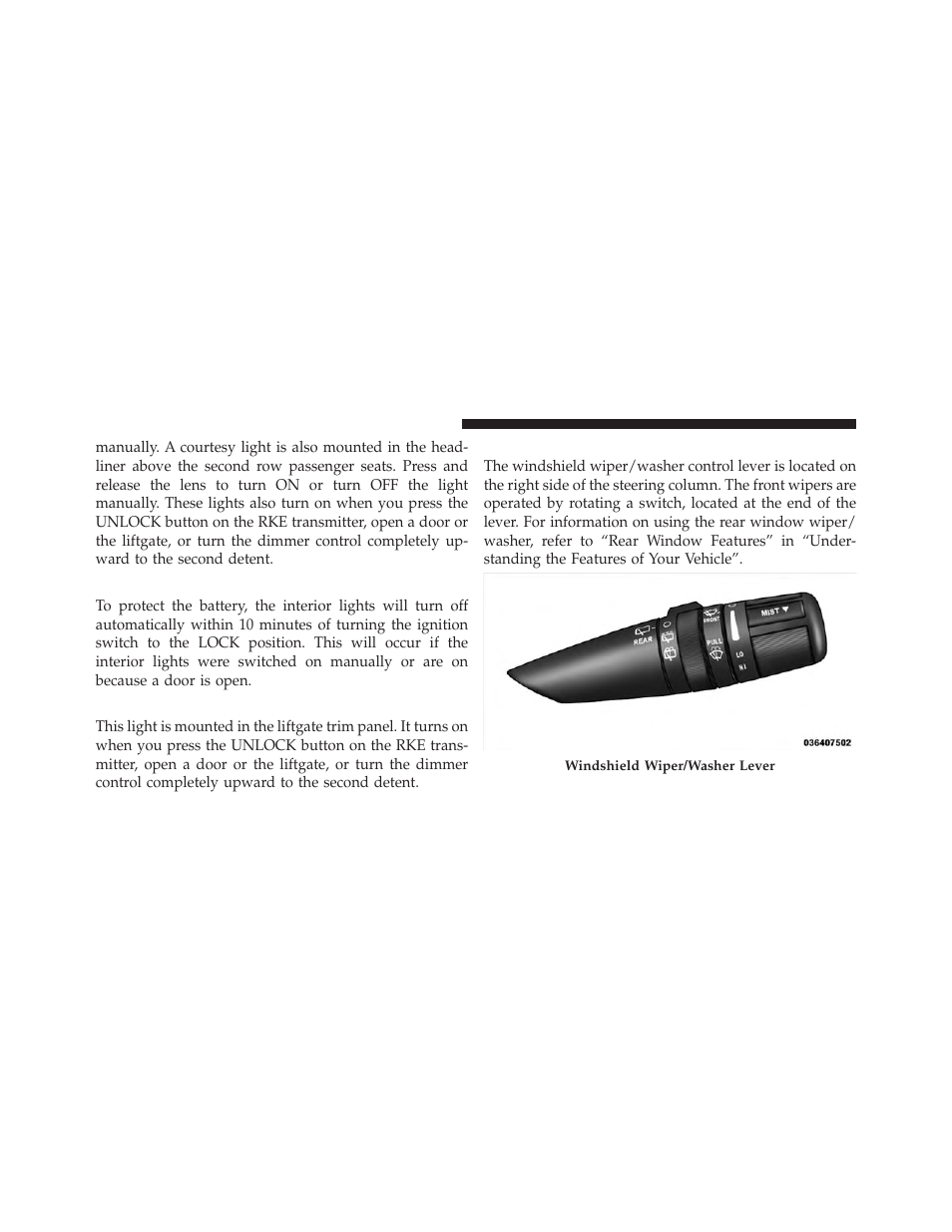 Battery saver feature, Cargo light, Windshield wipers and washers | Dodge JOURNEY 2010 User Manual | Page 127 / 512