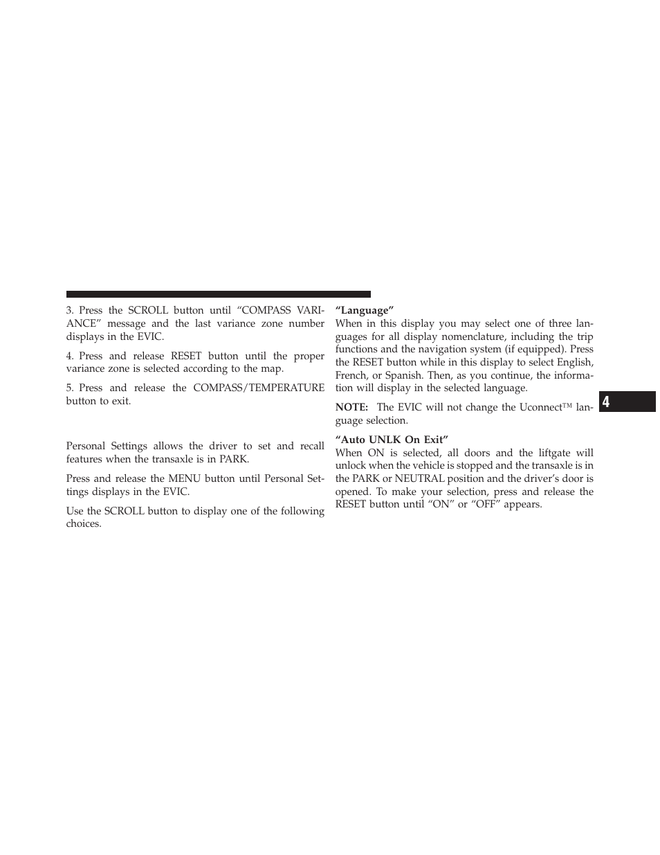 Personal settings (customer-programmable features), Personal settings (customer-programmable, Features) | Dodge JOURNEY 2010 User Manual | Page 210 / 512