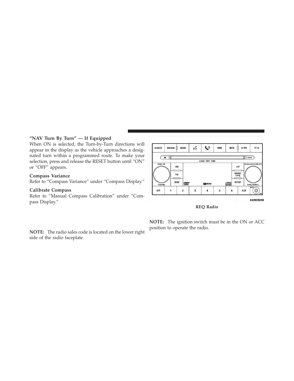 Operating instructions - radio mode, Media center 230 (req) — am/fm stereo, Radio and 6–disc cd/dvd changer (mp3/wma aux jack) | Dodge JOURNEY 2010 User Manual | Page 213 / 512