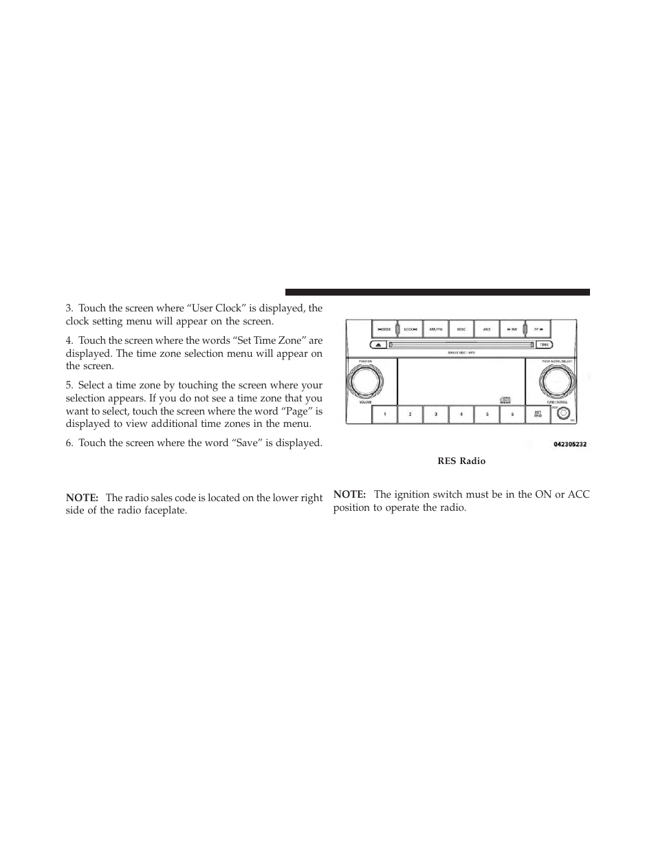 Operating instructions — radio mode, Media center 130 (res) — am/fm stereo, Radio with cd player (mp3 aux jack) | Dodge JOURNEY 2010 User Manual | Page 233 / 512