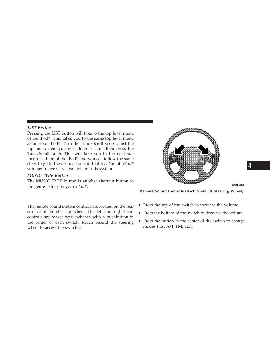 Remote sound system controls — if equipped, Right-hand switch functions | Dodge JOURNEY 2010 User Manual | Page 270 / 512