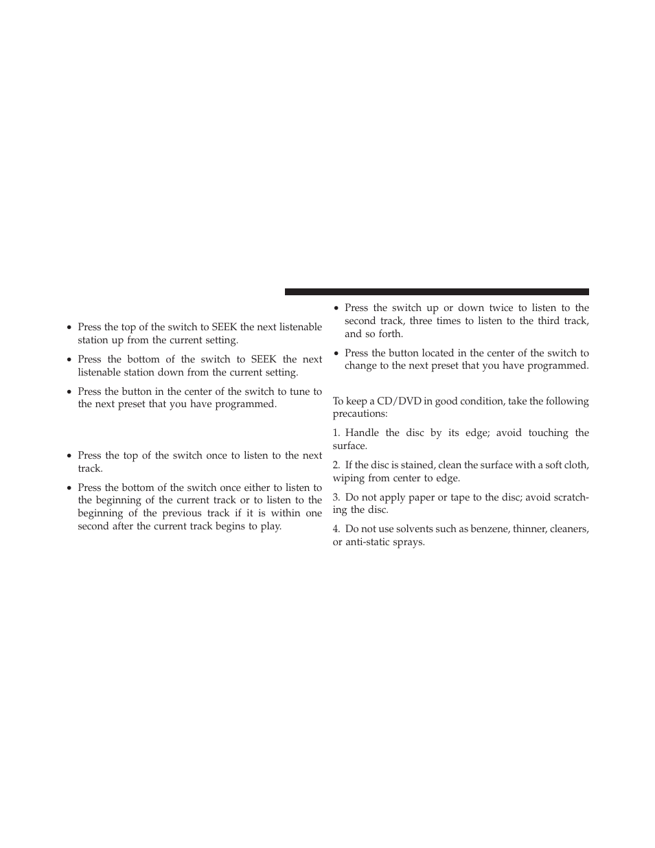 Left-hand switch functions for radio operation, Cd/dvd disc maintenance, Left-hand switch functions for radio | Operation, Left-hand switch functions for media (i.e, Cd) operation | Dodge JOURNEY 2010 User Manual | Page 271 / 512