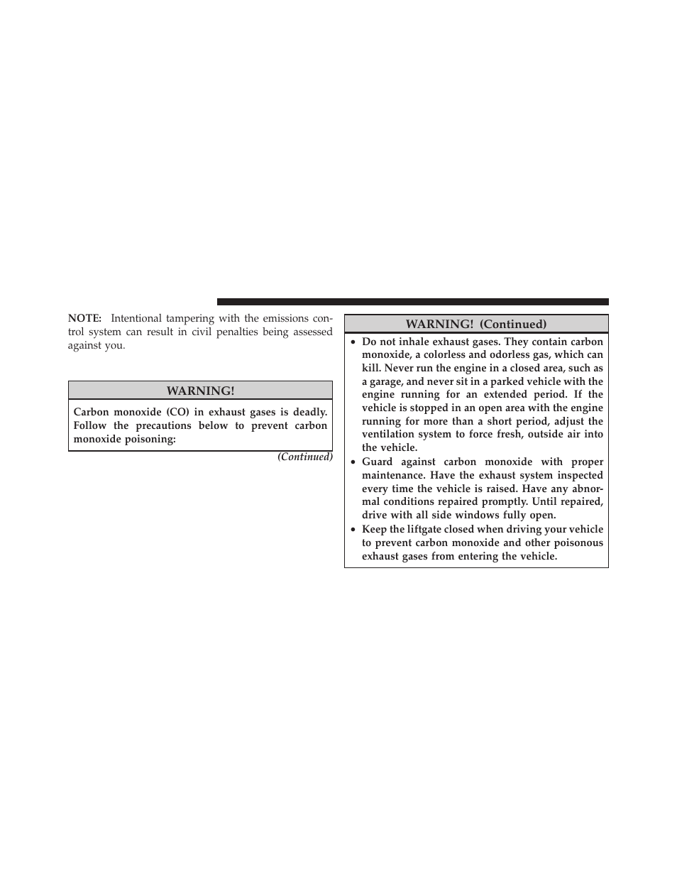 Carbon monoxide warnings | Dodge JOURNEY 2010 User Manual | Page 357 / 512