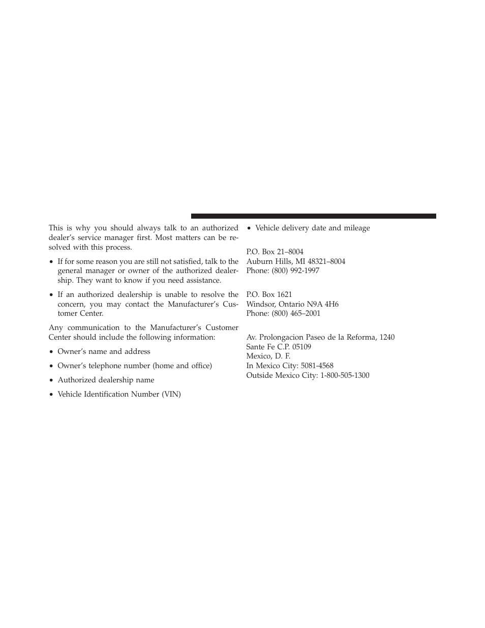 Chrysler group llc customer center, Chrysler canada inc. customer center, In mexico contact | Dodge JOURNEY 2010 User Manual | Page 481 / 512