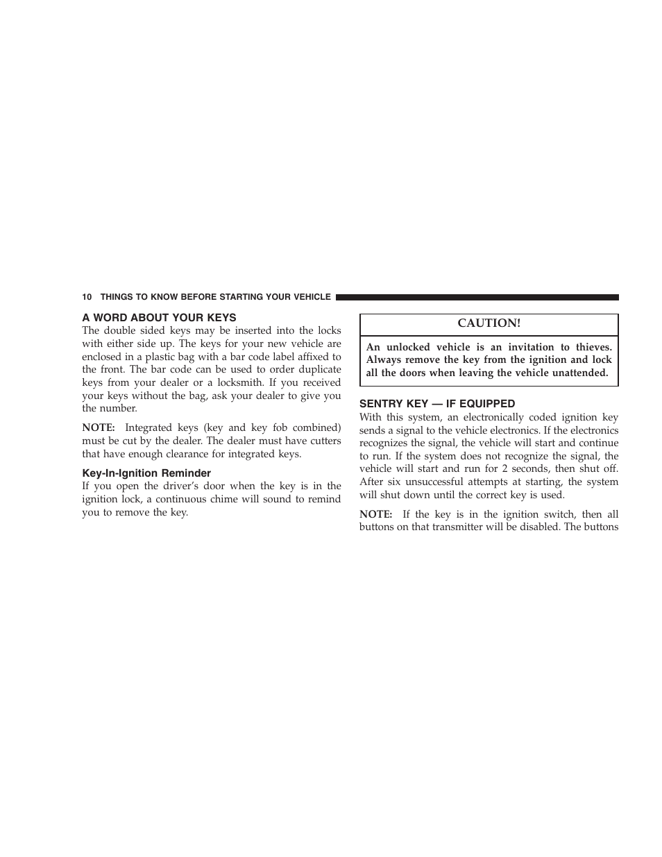 A word about your keys, Key-in-ignition reminder, Sentry key — if equipped | Dodge 2006 HB Durango User Manual | Page 10 / 440