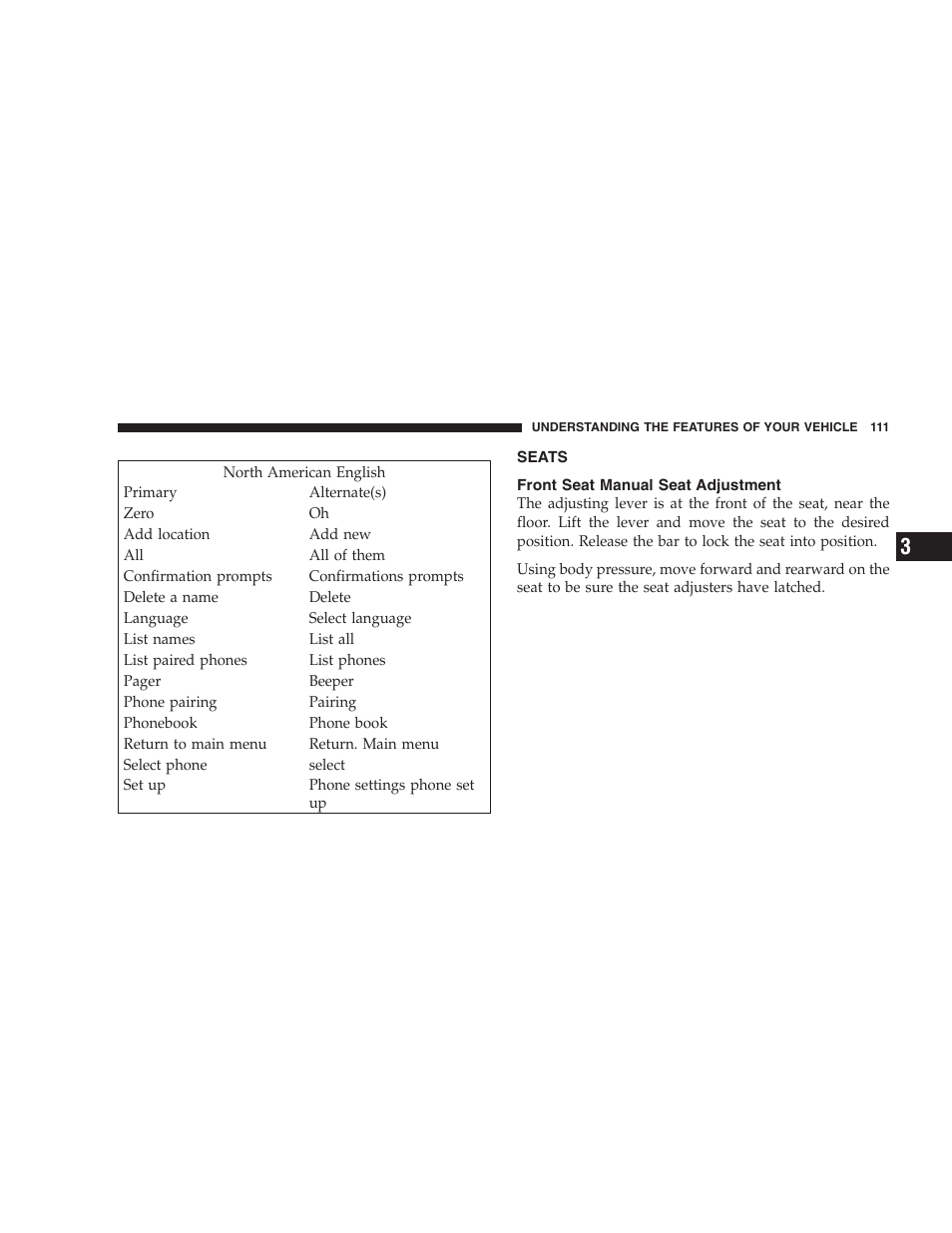 Seats, Front seat manual seat adjustment | Dodge 2006 HB Durango User Manual | Page 111 / 440