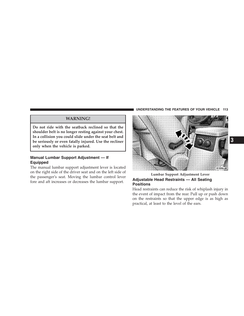 Manual lumbar support adjustment — if, Equipped, Adjustable head restraints — all seating | Positions | Dodge 2006 HB Durango User Manual | Page 113 / 440