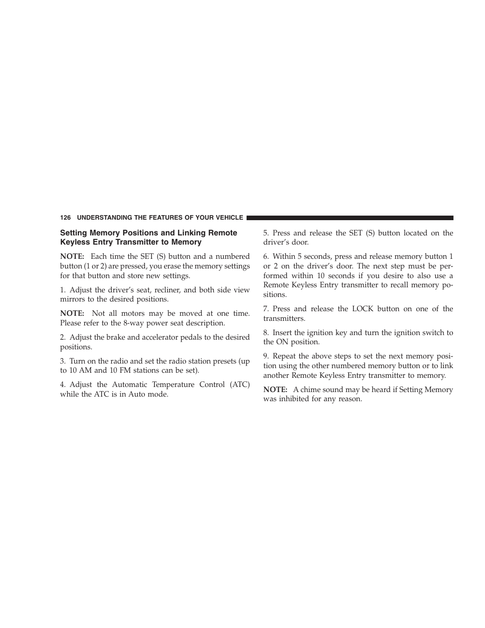 Setting memory positions and linking remote, Keyless entry transmitter to memory | Dodge 2006 HB Durango User Manual | Page 126 / 440