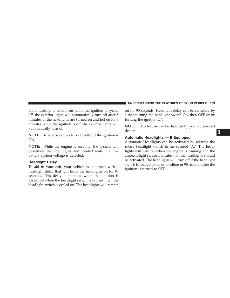 Headlight delay, Automatic headlights — if equipped | Dodge 2006 HB Durango User Manual | Page 133 / 440