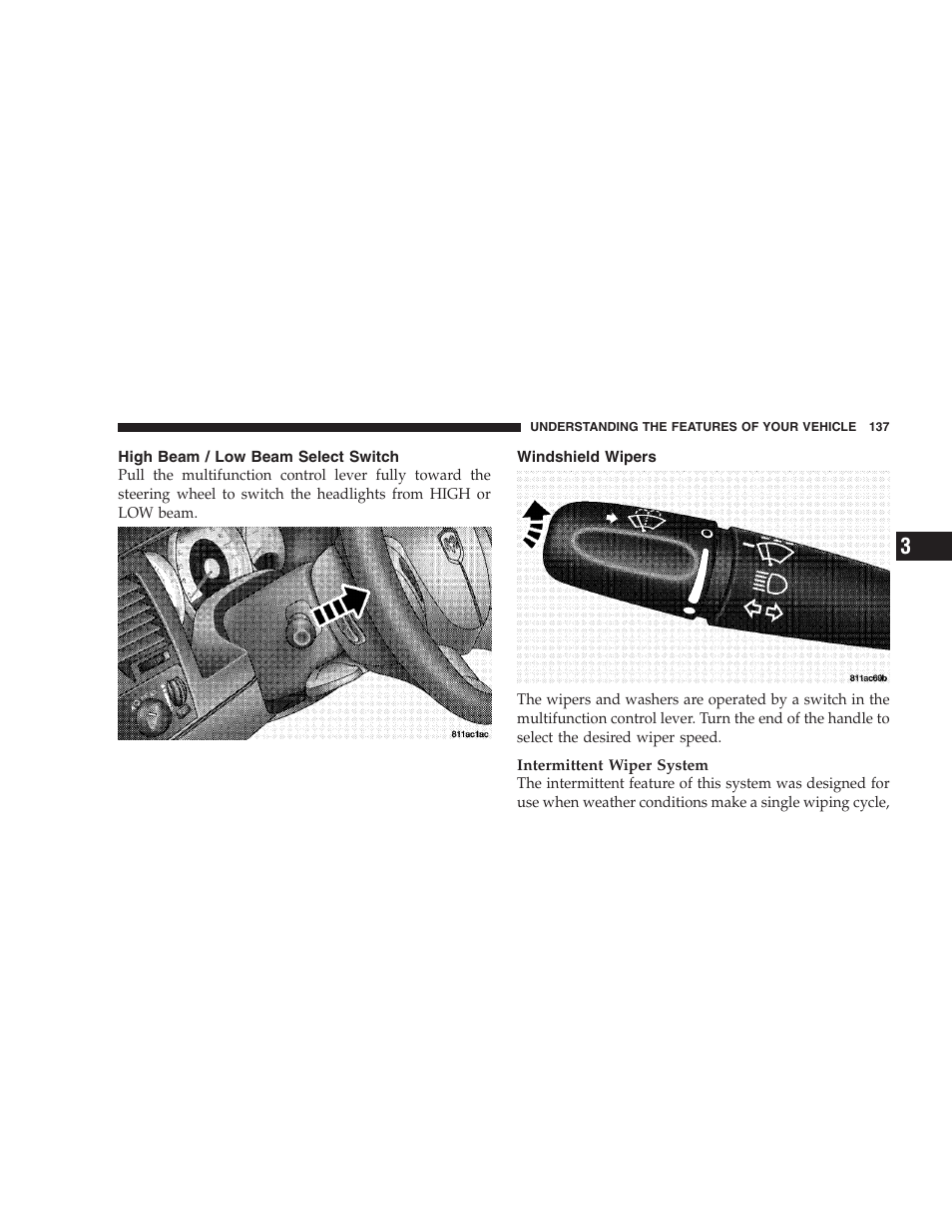 High beam / low beam select switch, Windshield wipers | Dodge 2006 HB Durango User Manual | Page 137 / 440