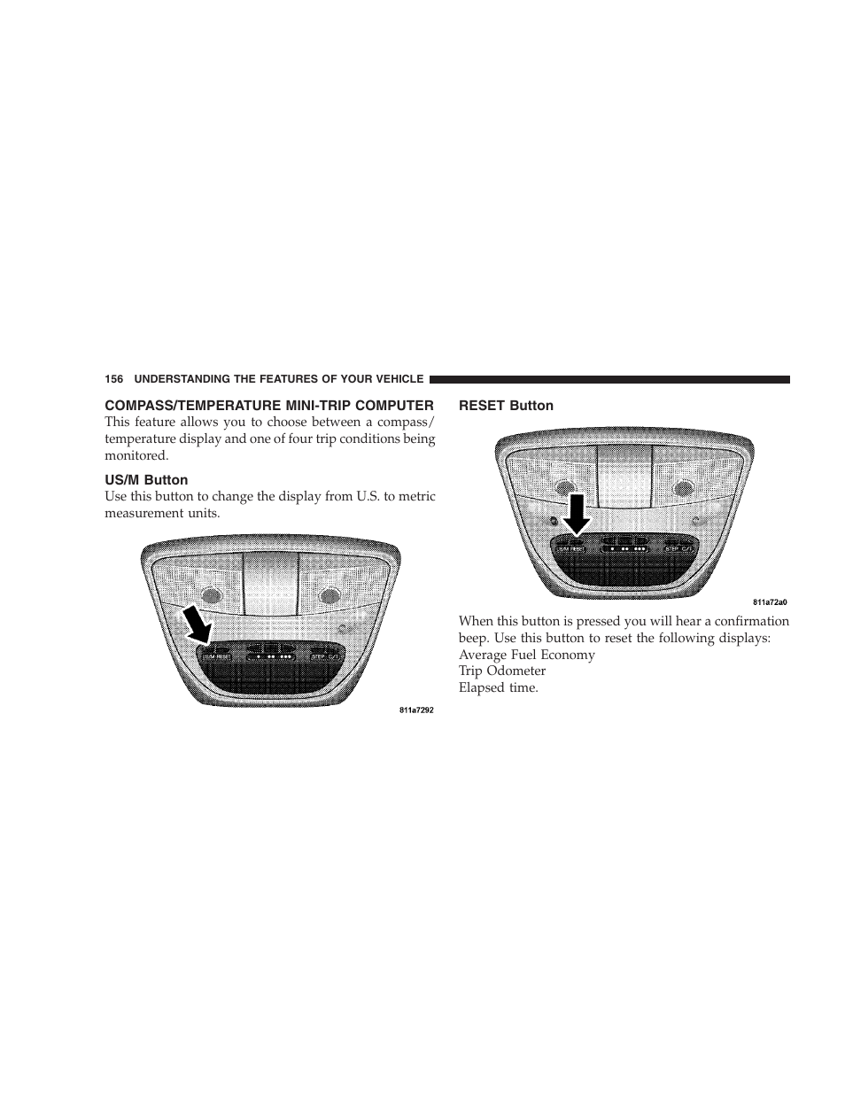 Compass/temperature mini-trip computer, Us/m button, Reset button | Dodge 2006 HB Durango User Manual | Page 156 / 440