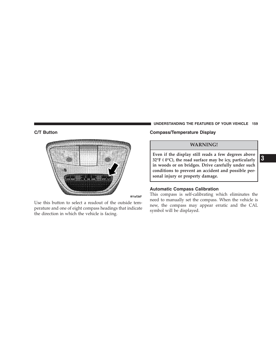 C/t button, Compass/temperature display, Automatic compass calibration | Dodge 2006 HB Durango User Manual | Page 159 / 440