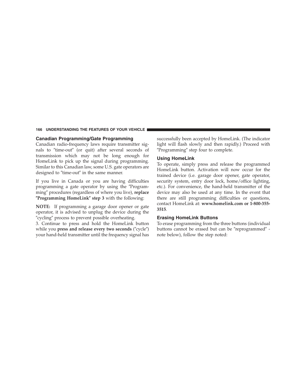 Canadian programming/gate programming, Using homelink, Erasing homelink buttons | Dodge 2006 HB Durango User Manual | Page 166 / 440