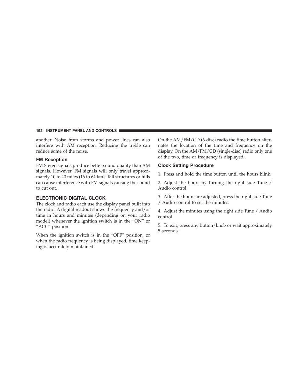 Fm reception, Electronic digital clock, Clock setting procedure | Dodge 2006 HB Durango User Manual | Page 192 / 440