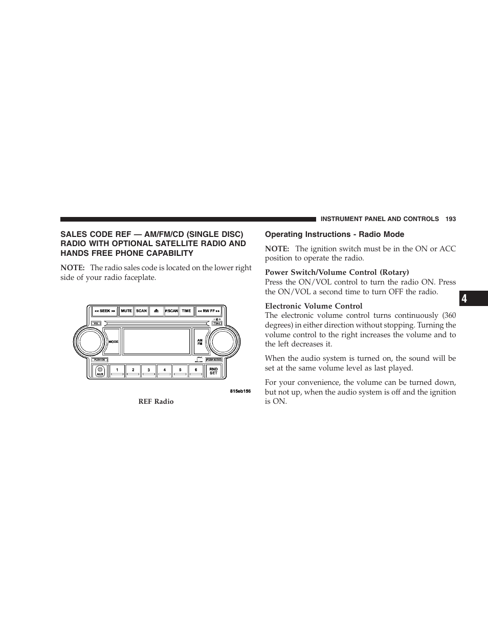 Sales code ref — am/fm/cd (single disc), Operating instructions - radio mode | Dodge 2006 HB Durango User Manual | Page 193 / 440