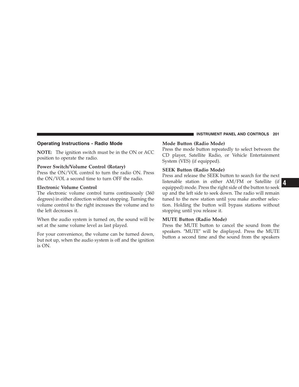 Operating instructions - radio mode | Dodge 2006 HB Durango User Manual | Page 201 / 440