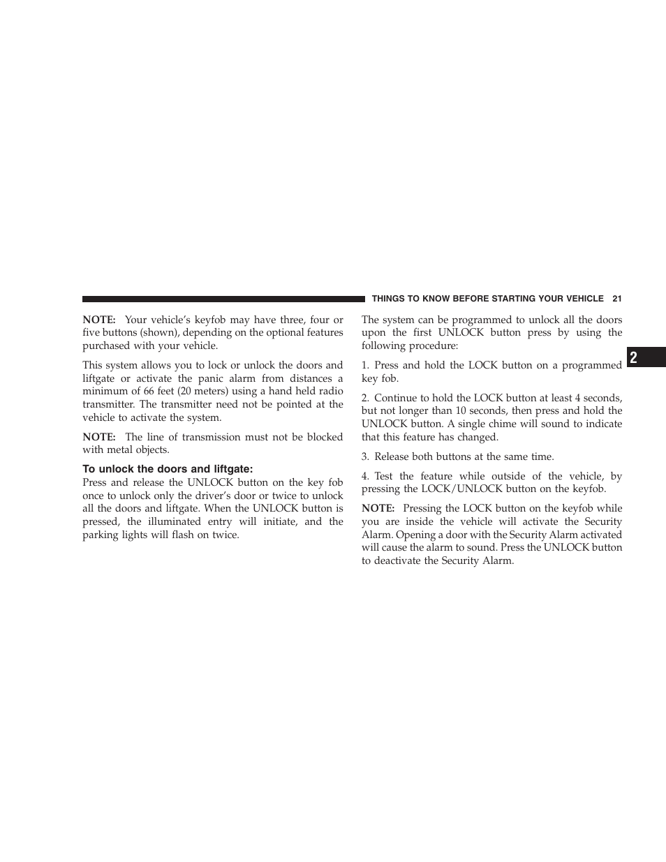 To unlock the doors and liftgate | Dodge 2006 HB Durango User Manual | Page 21 / 440