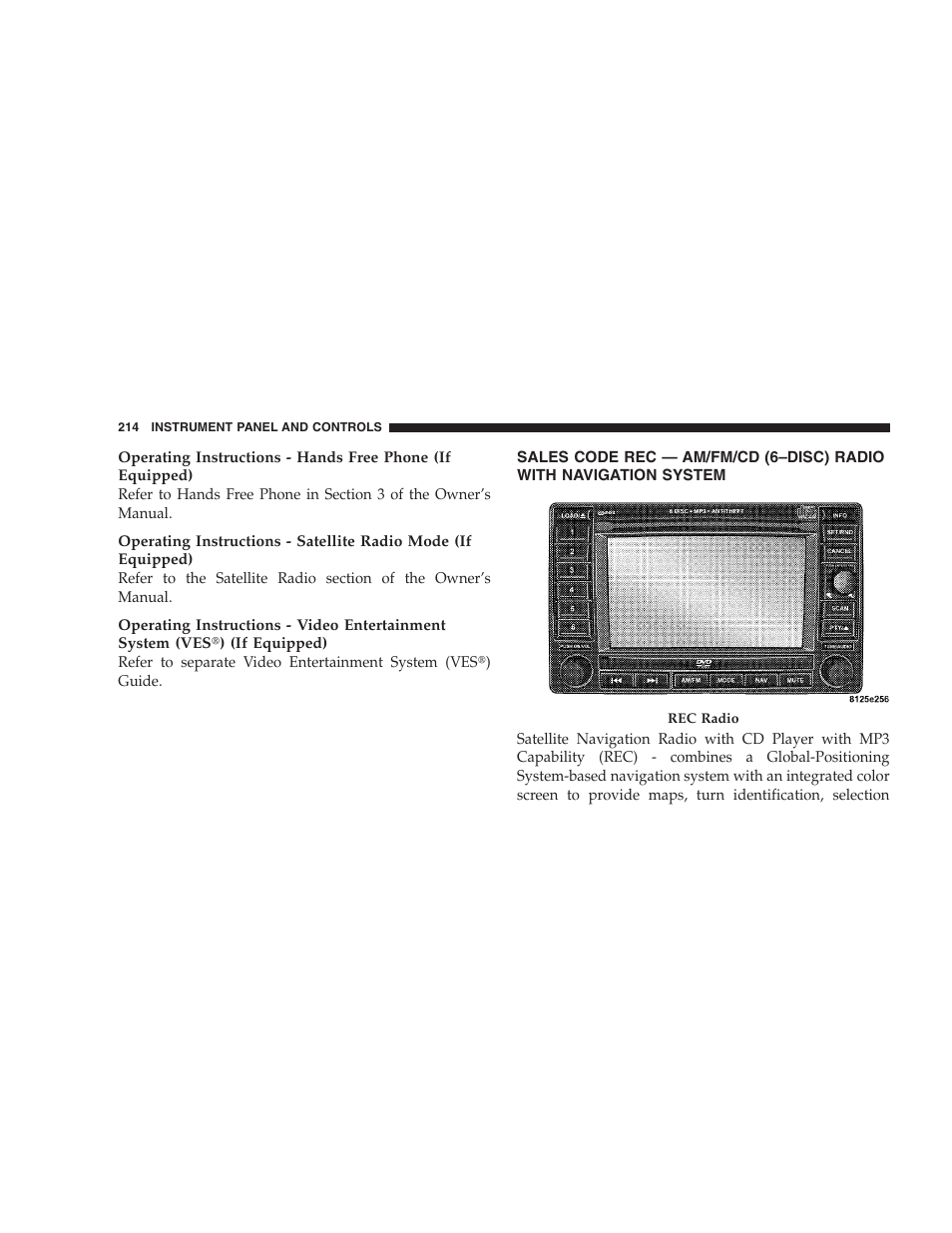 Sales code rec — am/fm/cd (6–disc), Radio with navigation system | Dodge 2006 HB Durango User Manual | Page 214 / 440