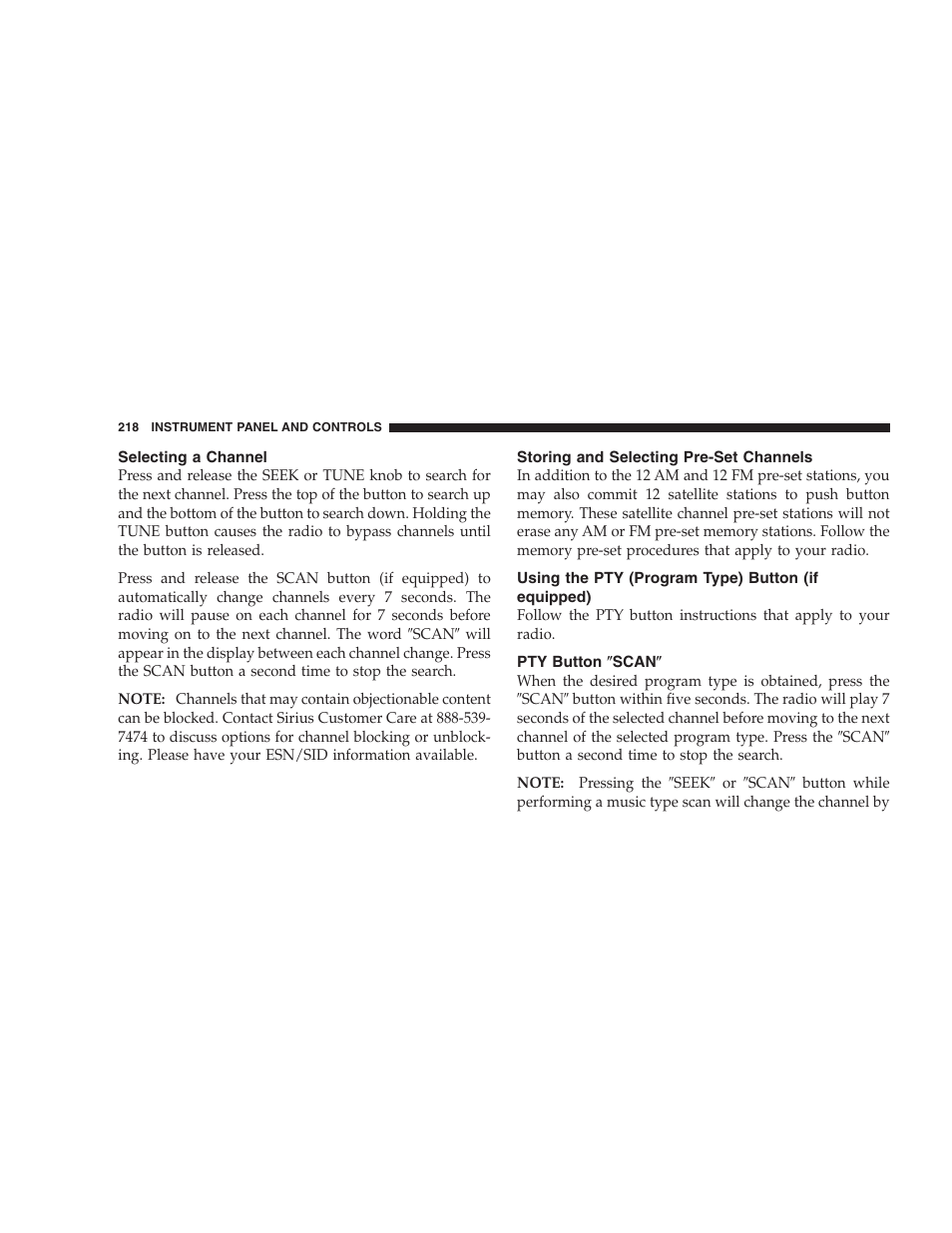 Selecting a channel, Storing and selecting pre-set channels, Using the pty (program type) button | If equipped), Pty button љscanљ | Dodge 2006 HB Durango User Manual | Page 218 / 440