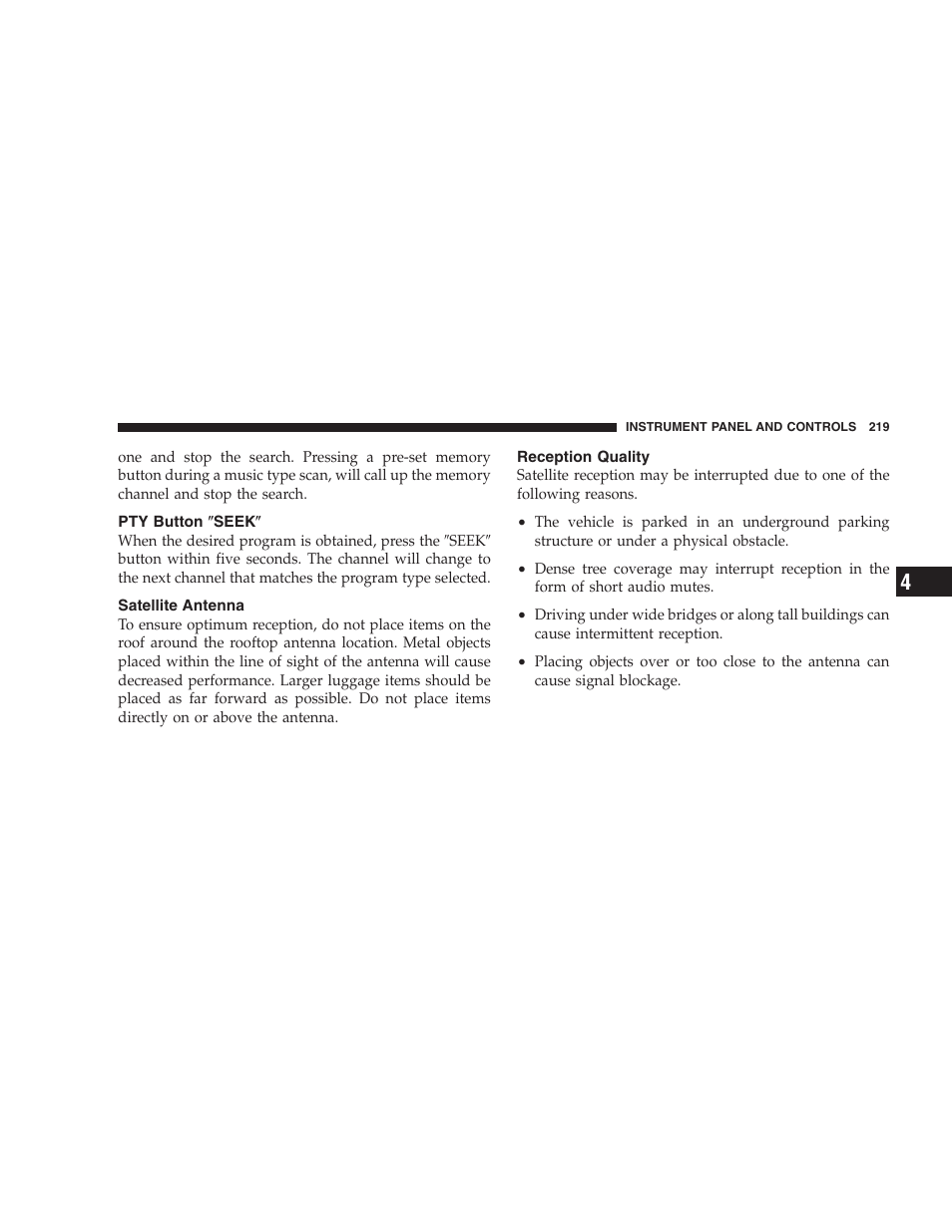 Pty button љseekљ, Satellite antenna, Reception quality | Dodge 2006 HB Durango User Manual | Page 219 / 440