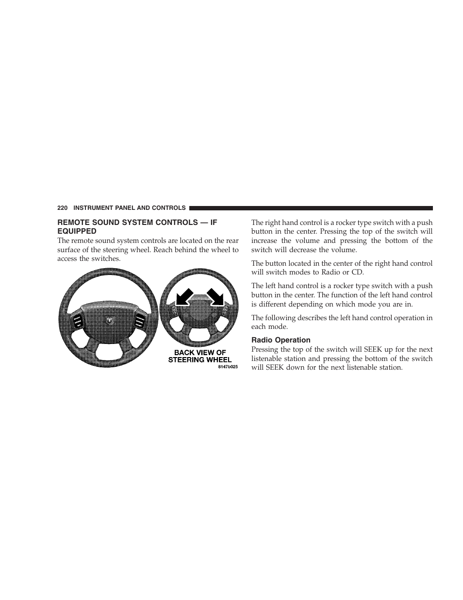 Remote sound system controls — if equipped, Radio operation | Dodge 2006 HB Durango User Manual | Page 220 / 440