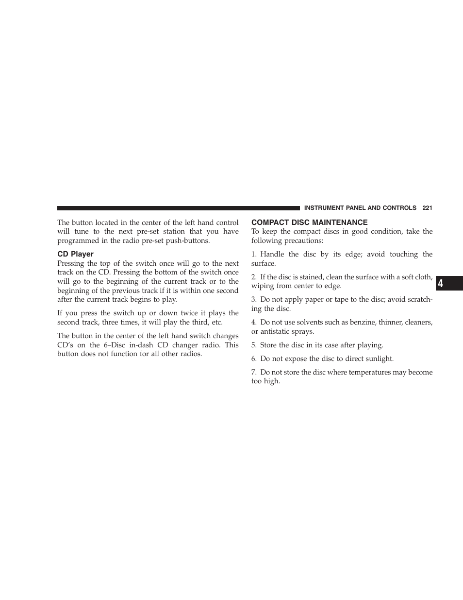 Cd player, Compact disc maintenance | Dodge 2006 HB Durango User Manual | Page 221 / 440