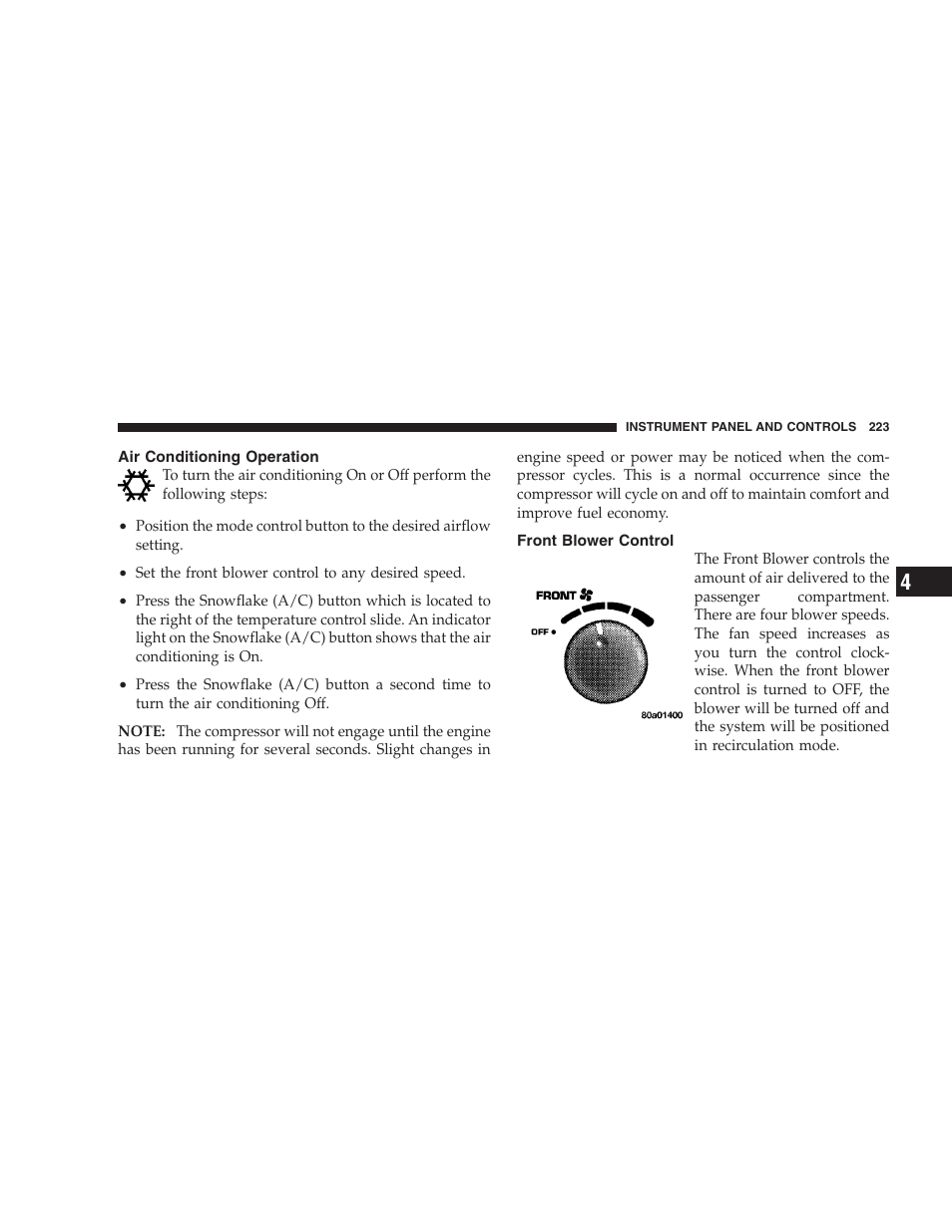 Air conditioning operation, Front blower control | Dodge 2006 HB Durango User Manual | Page 223 / 440