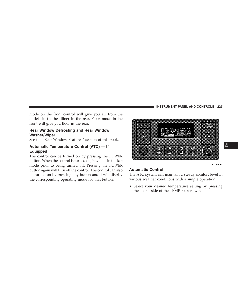 Rear window defrosting and rear window, Washer/wiper, Automatic temperature control (atc) — if | Equipped, Automatic control | Dodge 2006 HB Durango User Manual | Page 227 / 440