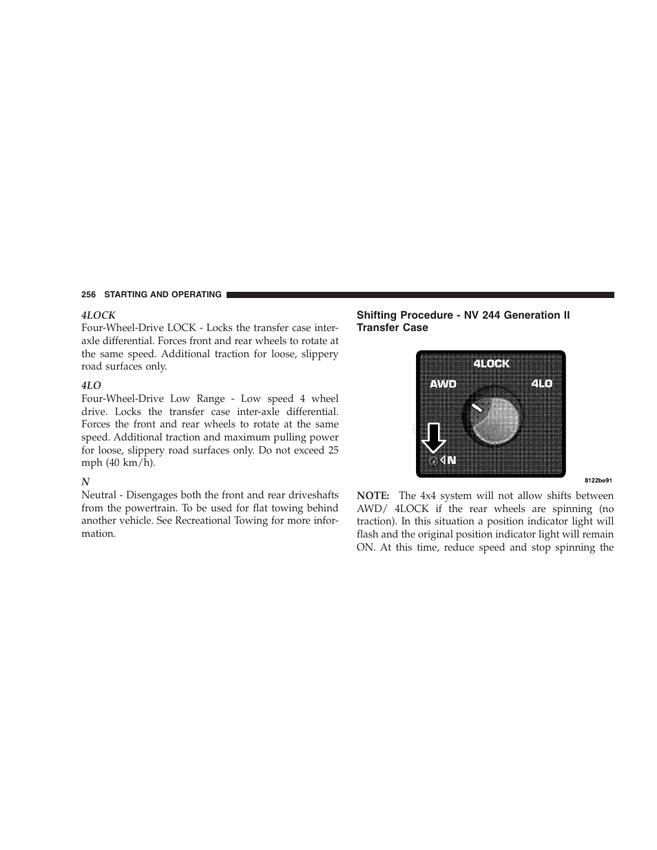 Shifting procedure - nv 244 generation ii, Transfer case | Dodge 2006 HB Durango User Manual | Page 256 / 440