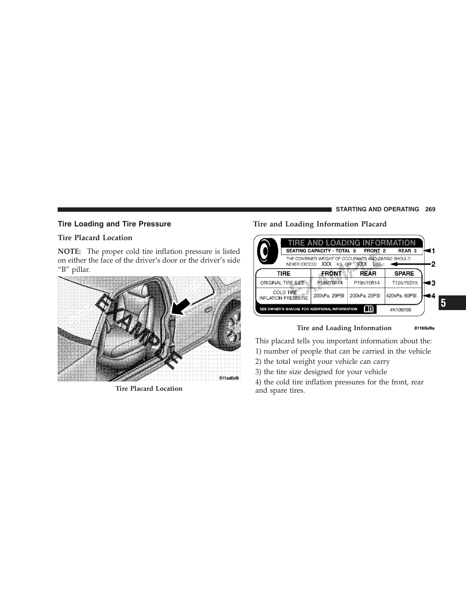 Tire loading and tire pressure | Dodge 2006 HB Durango User Manual | Page 269 / 440