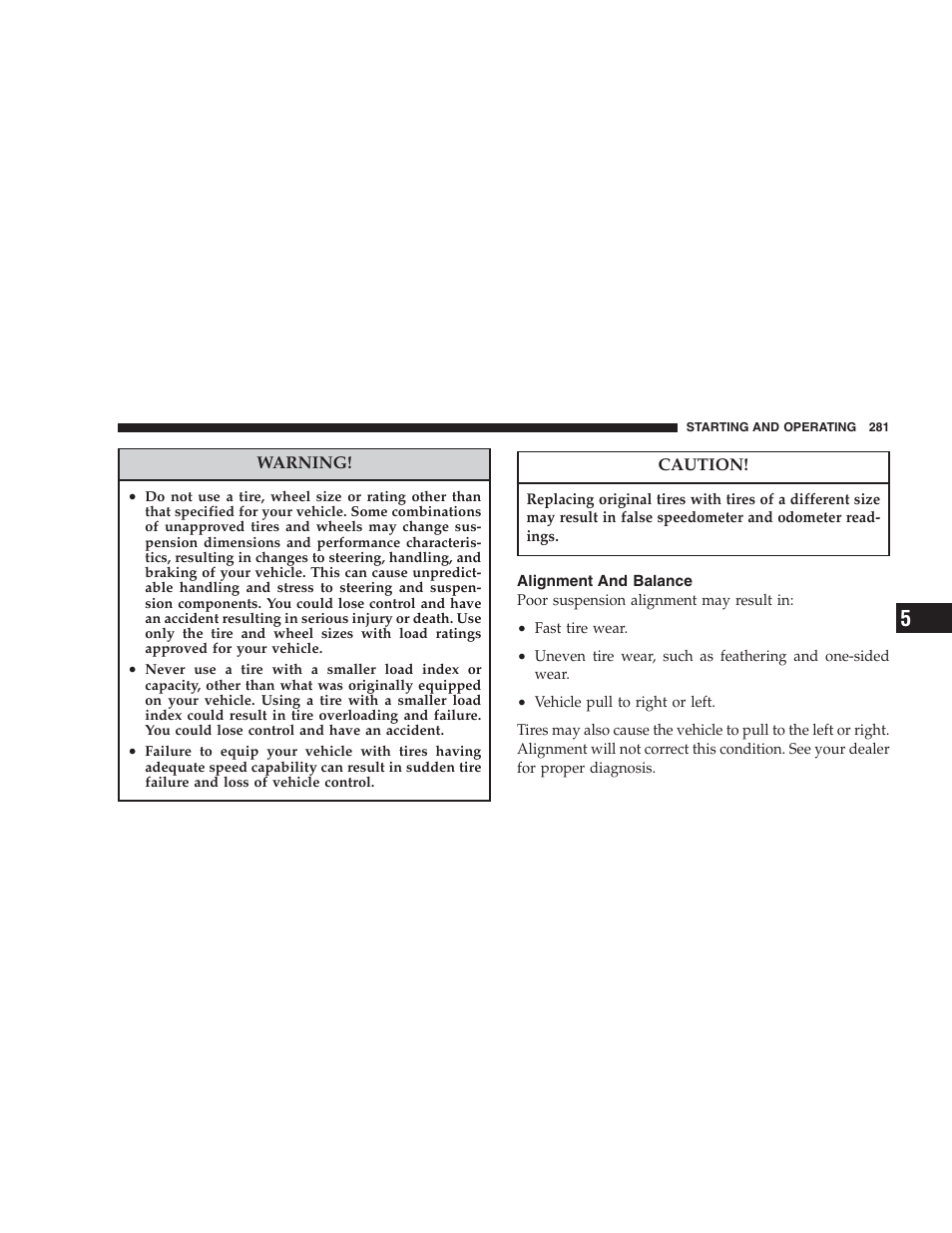 Alignment and balance | Dodge 2006 HB Durango User Manual | Page 281 / 440