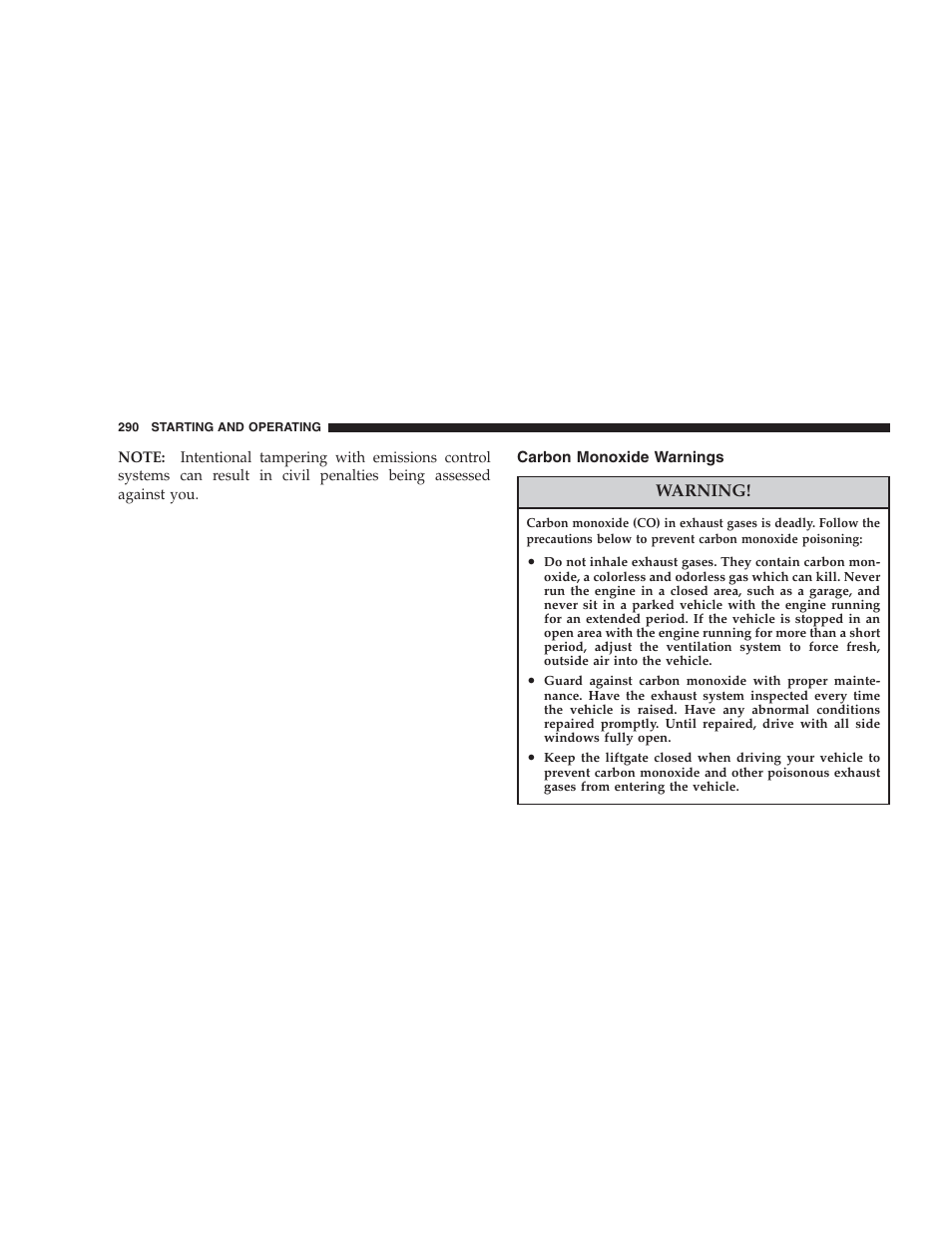 Carbon monoxide warnings | Dodge 2006 HB Durango User Manual | Page 290 / 440