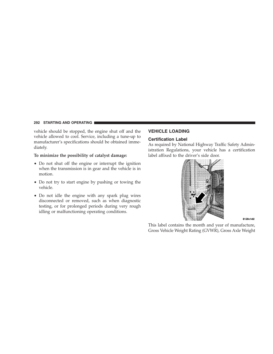 Vehicle loading, Certification label | Dodge 2006 HB Durango User Manual | Page 292 / 440