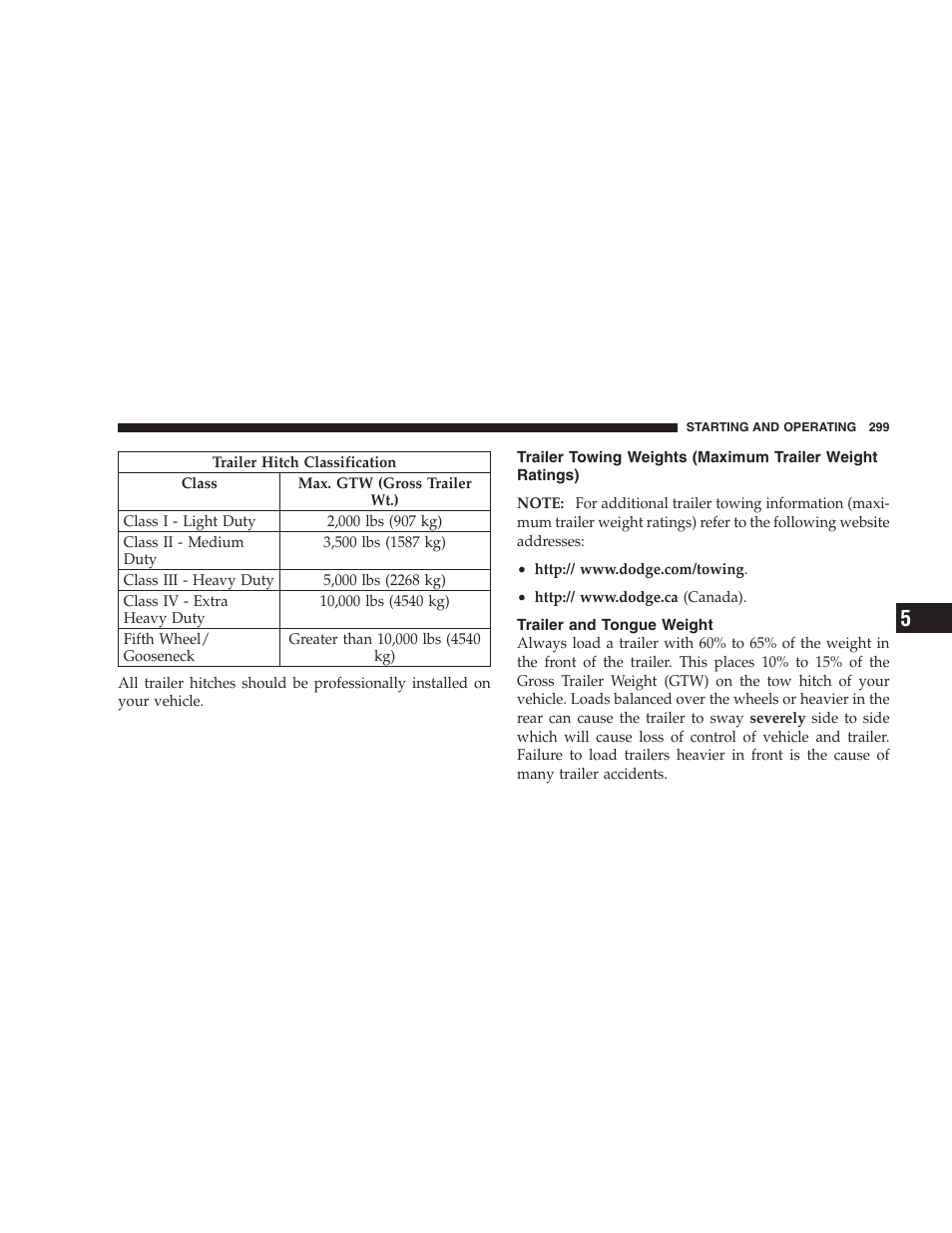 Trailer towing weights (maximum trailer, Weight ratings), Trailer and tongue weight | Dodge 2006 HB Durango User Manual | Page 299 / 440