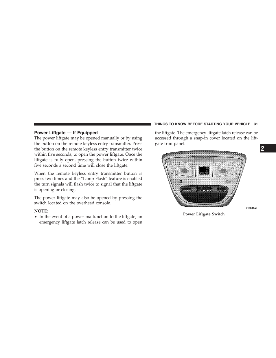 Power liftgate — if equipped | Dodge 2006 HB Durango User Manual | Page 31 / 440