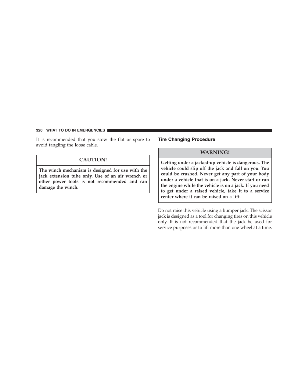 Tire changing procedure | Dodge 2006 HB Durango User Manual | Page 320 / 440