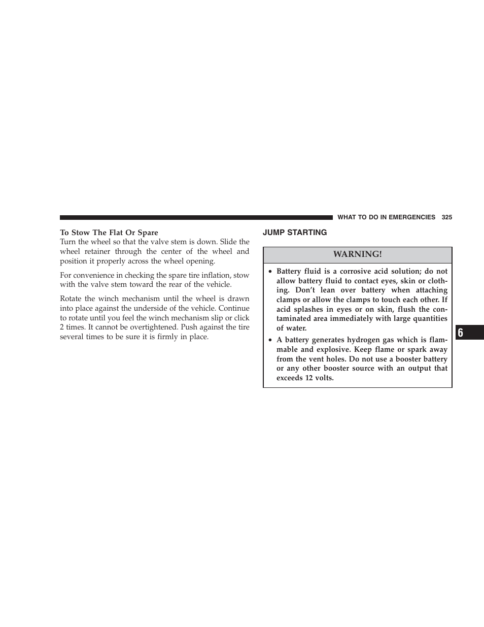 Jump starting | Dodge 2006 HB Durango User Manual | Page 325 / 440