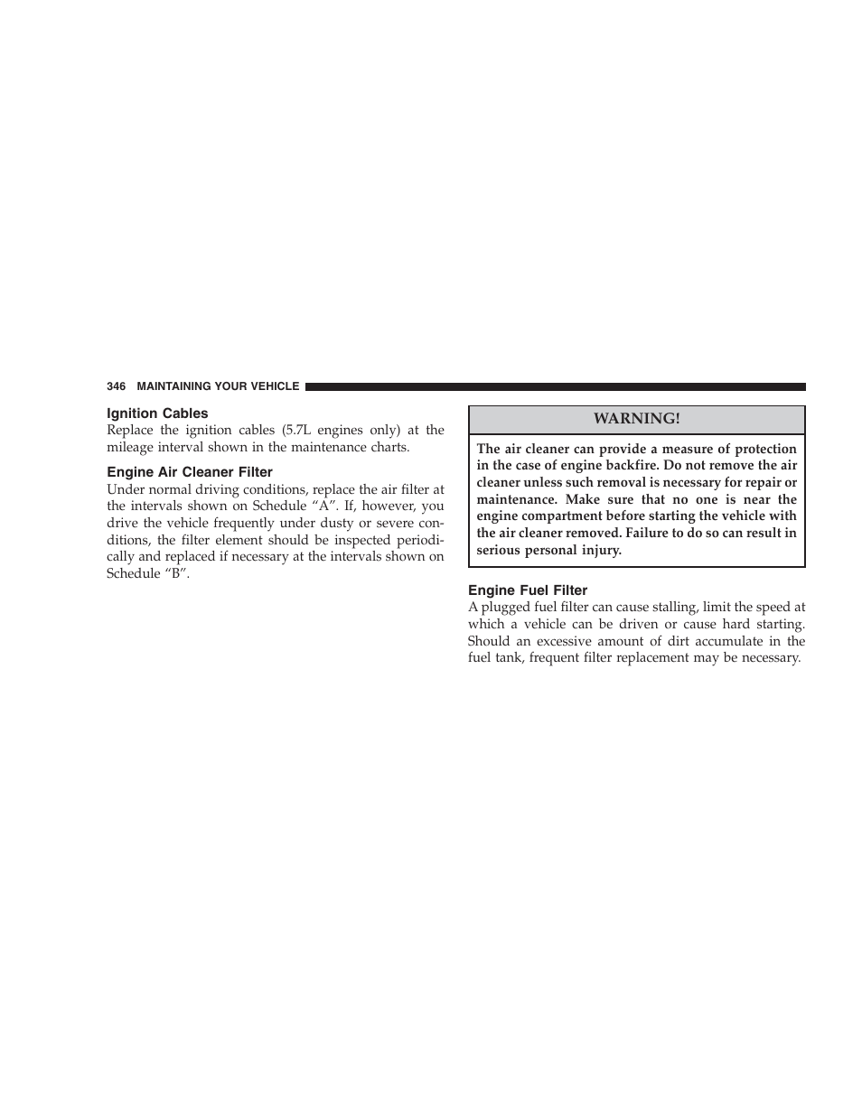 Ignition cables, Engine air cleaner filter, Engine fuel filter | Dodge 2006 HB Durango User Manual | Page 346 / 440