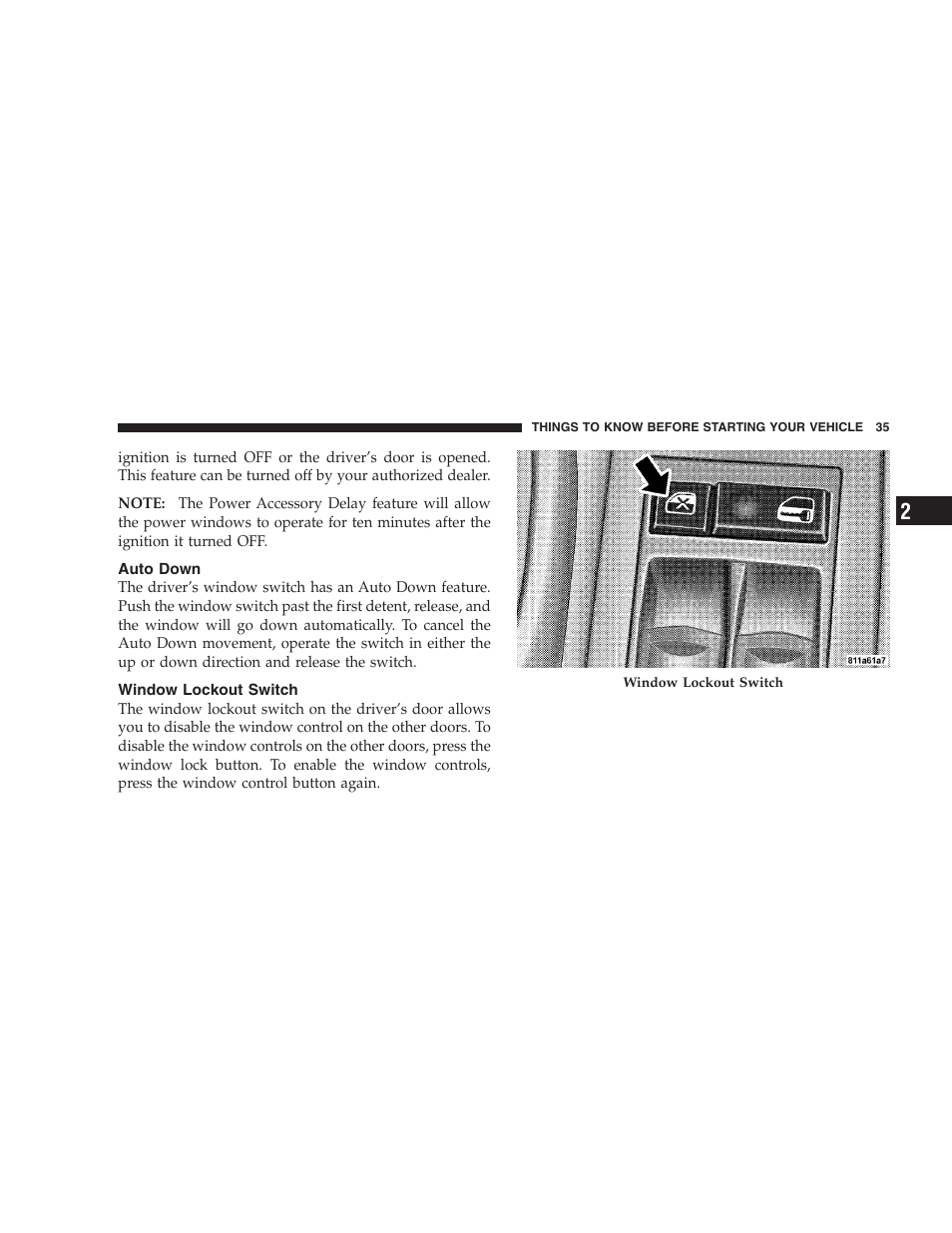 Auto down, Window lockout switch | Dodge 2006 HB Durango User Manual | Page 35 / 440