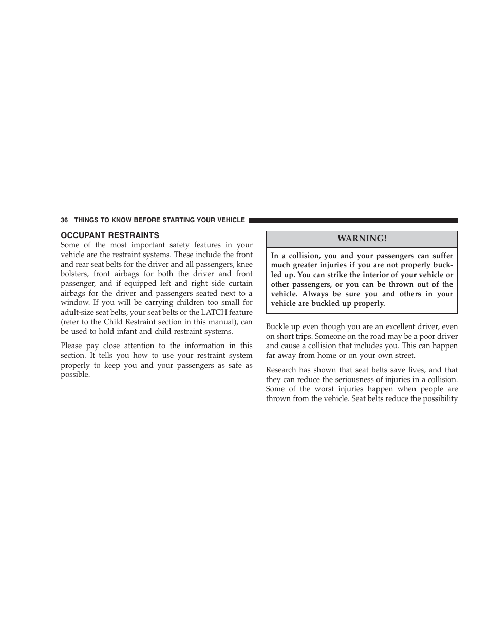 Occupant restraints | Dodge 2006 HB Durango User Manual | Page 36 / 440