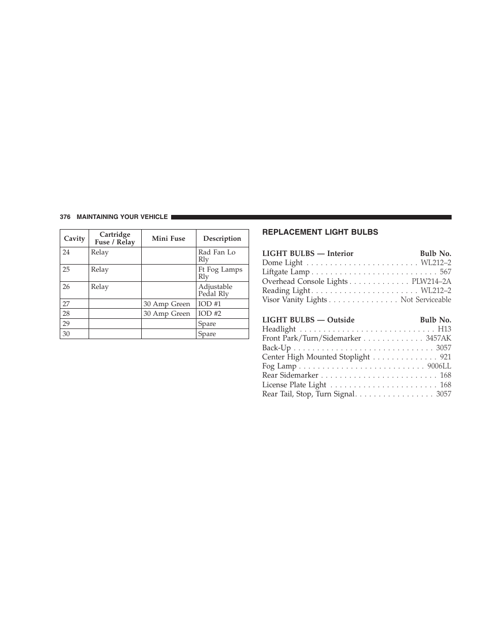 Replacement light bulbs | Dodge 2006 HB Durango User Manual | Page 376 / 440