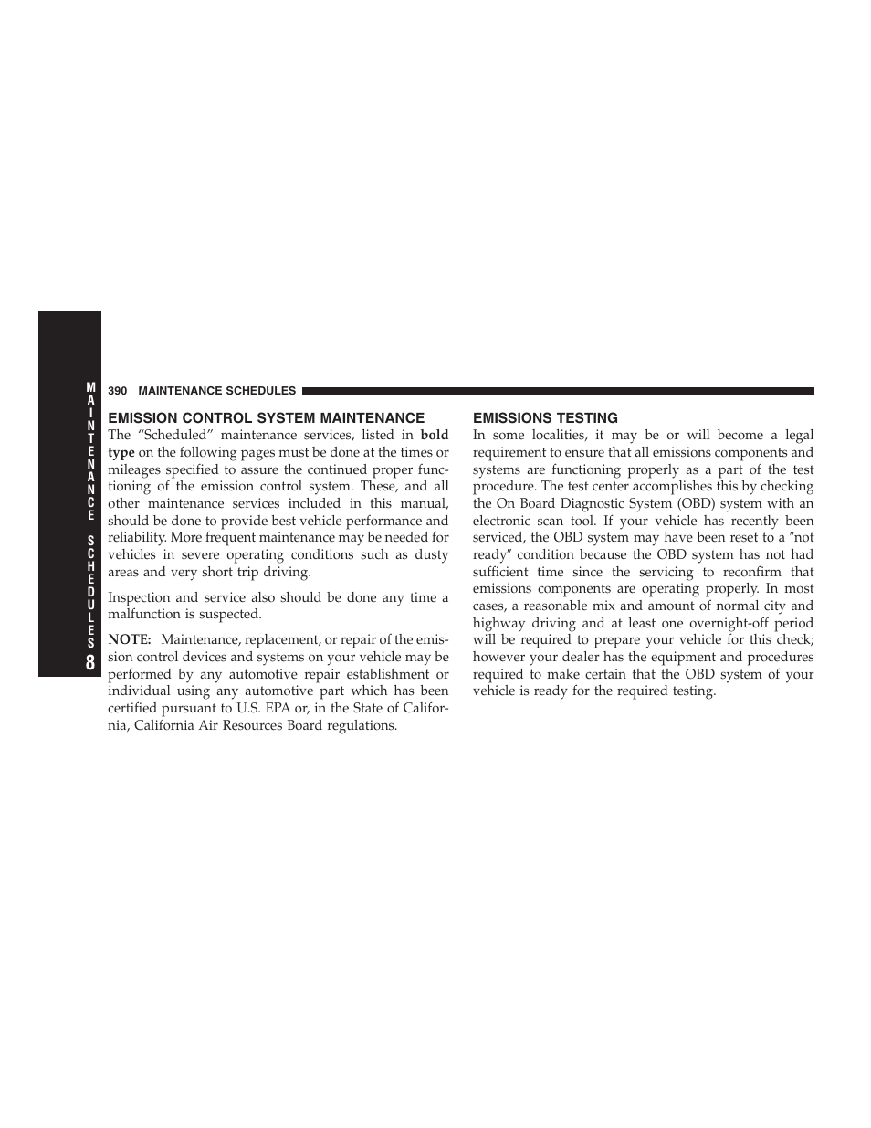 Emission control system maintenance, Emissions testing | Dodge 2006 HB Durango User Manual | Page 390 / 440