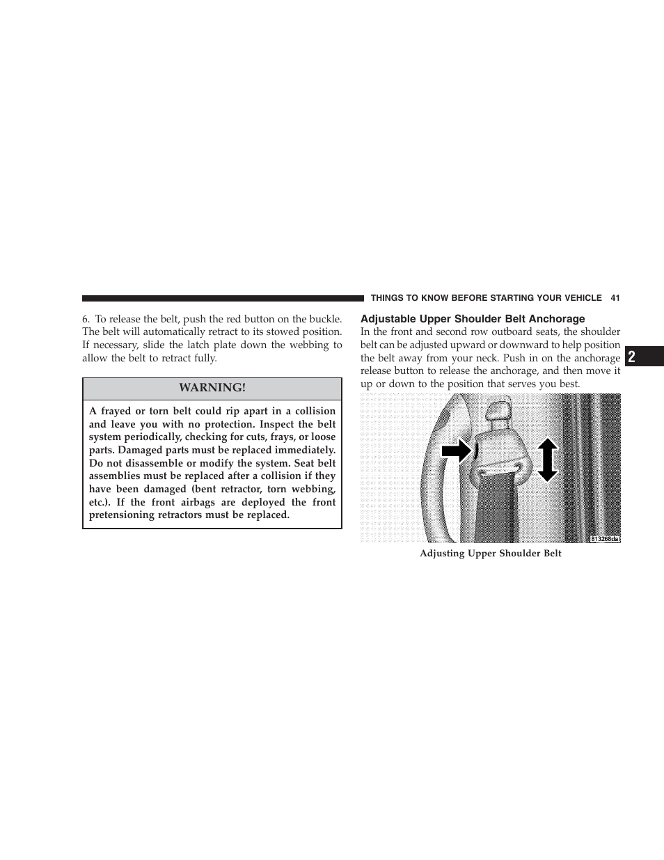 Adjustable upper shoulder belt anchorage | Dodge 2006 HB Durango User Manual | Page 41 / 440