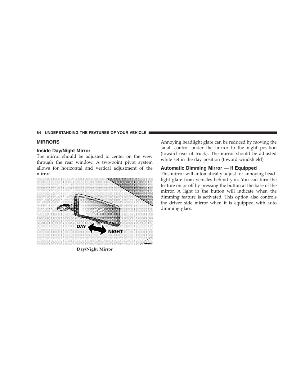 Mirrors, Inside day/night mirror, Automatic dimming mirror — if equipped | Dodge 2006 HB Durango User Manual | Page 84 / 440