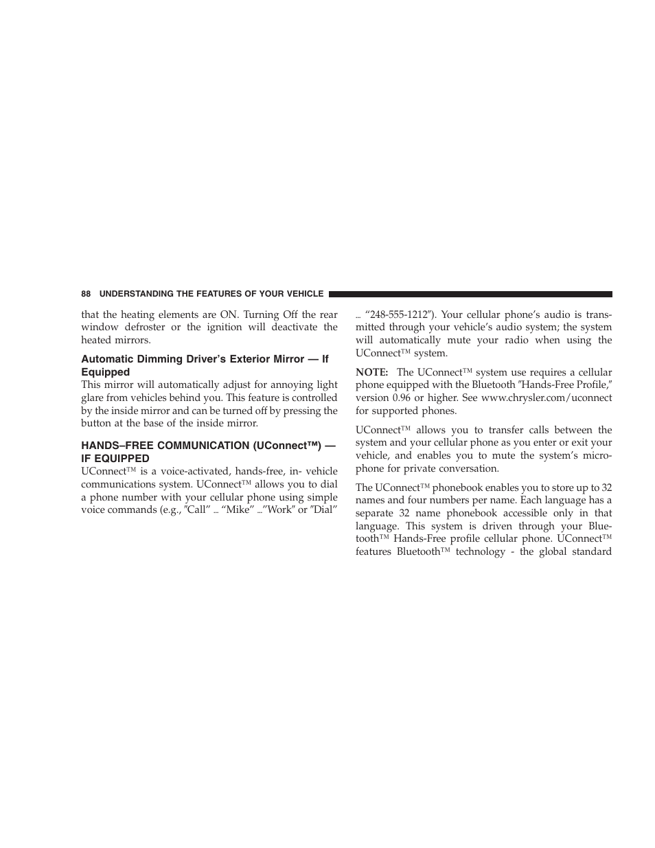 Automatic dimming driver’s exterior, Mirror — if equipped, Hands–free communication (uconnect™) — if | Equipped | Dodge 2006 HB Durango User Manual | Page 88 / 440